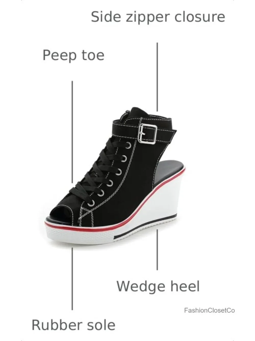 Canvas Peep Toe Wedge Sneakers Platform Shoes Side Zipper Lace Up Walking Shoes